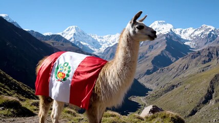 Majestic llama standing in the Andes mountains with the Peruvian national flag draped over its back. Perfect for South American travel promotions, cultural heritage blogs, and Peruvian tourism marketi