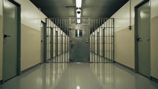 Prison hallway with cell doors and a barred gate. Slow tracking shot down an institutional corridor in a jail or detention center. Incarceration and security concept