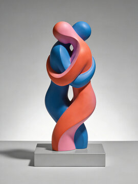 Abstract sculpture representing two figures embracing in a flowing dance of intertwined shapes and colors