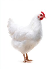 Fototapeta premium A beautiful white hen stands confidently on a white background. This image captures the essence of poultry farming and healthy livestock. Ideal for agricultural projects and food industries. AI