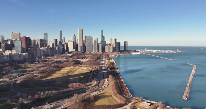 Aerial View of Chicago Skyline from South Lake Shore Drive, Illinois, USA. 2026 