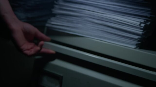 A paper folder of documents with a Top Secret cover page is placed into and removed from an office filing cabinet under subdued lighting. Suggestive of spying, espionage, or cover-up.