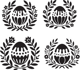 A striking black and white floral wreath design featuring a central mushroom illustration