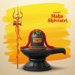 Happy Maha Shivratri 3D Render Shiva Lingam with Trishul, Festival Greeting Card