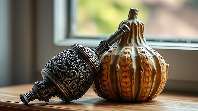 bombilla. Carved metal bombilla resting against a textured mate gourd. bar promotions, beverage menus, designed for food & beverage menus and cafe branding, used by real estate agents.
