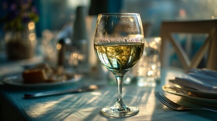 Obraz premium Elegant glass of white wine illuminated by soft sunlight on a beautifully set dining table, creating a warm and inviting atmosphere for dining moments