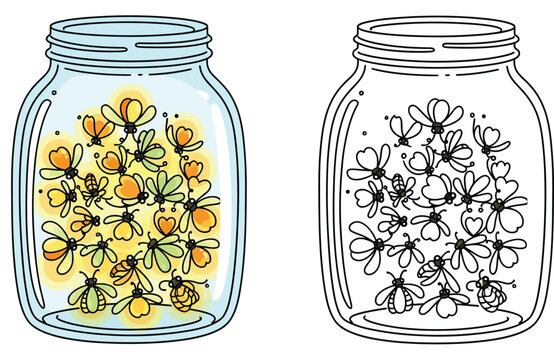 Glass mason jar filled with glowing fireflies colored and outline vector illustration for summer design or coloring book page