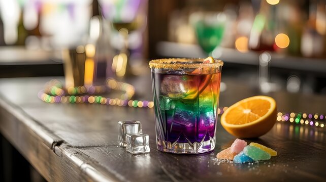 Vibrant Layered Cocktail with Sugar Rim and Citrus Garnish on Bar Counter, Colorful Bokeh Lights in Background