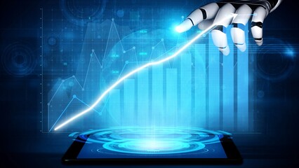 A robotic hand interacts with a tablet screen, illustrating data analytics and growth trends in a modern digital environment, highlighting innovation in technology. Copula