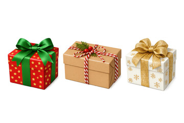 Fototapeta premium Christmas gifts collection: three elegant present boxes with ribbons and bows for holiday celebrations on transparent background