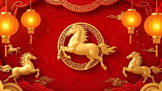 Chinese New Year Year of the Horse Celebration Background with Golden Lanterns and Ornaments