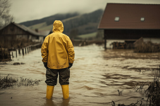 people of ai, flood in austria, farmer in yellow raincoat standing in rubber boots on in high water on his farm, natural disaster, global warming, climate change, photorealistic, OeE