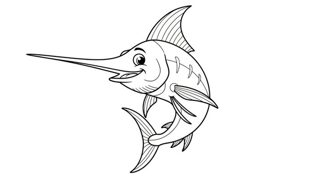 Cartoon Swordfish Drawing &ndash; Happy Marlin Fish Line Art Illustration