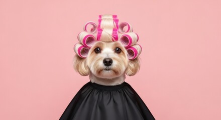 Adorable dog wearing hair rollers and a black cape with a serious expression on a pink background for beauty and pet salon concepts.