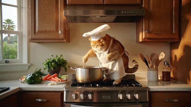 Ginger cat chef stirring soup in large metal pot on stove. Anthropomorphic feline wearing white apron and toque in home kitchen. Panning wide shot.