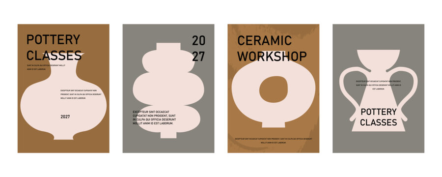 Ceramic craft, card designs set. Ceramics market, school and workshop, flyer and placard templates with lettering typography, handmade pottery pattern in modern trendy style. Flat vector illustration
