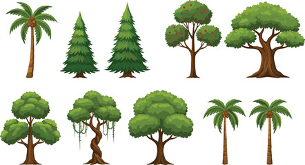 Fototapeta premium Tree Collection Nature Illustration Showing Palm Pine Fruit And Deciduous Trees Green Forest Botanical Vector Set