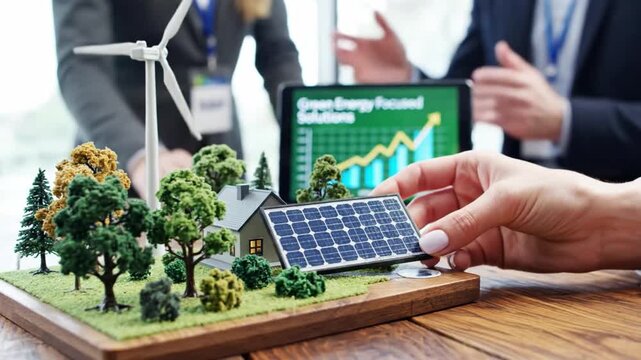 Eco-Friendly Energy Focus: A team explores sustainable solutions, with a miniature landscape featuring a solar panel and wind turbine, representing their green energy-focused innovations.