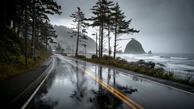 4K Moody coastal highway on a rainy day with haystack rock in the distance, pacific northwest video