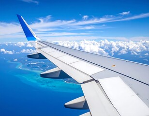 Fototapeta premium Airplane Wing Flying Over Ocean and Clouds.
