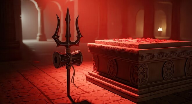 Lord Shiva's Trishul and Damru in a Sacred Hindu Temple - Religious Symbolism