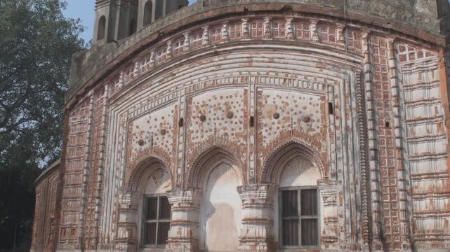intricate 18th-century terracotta carvings on the 25-pinnacled krishnachandraji temple in kalna rajbari, west bengal, india