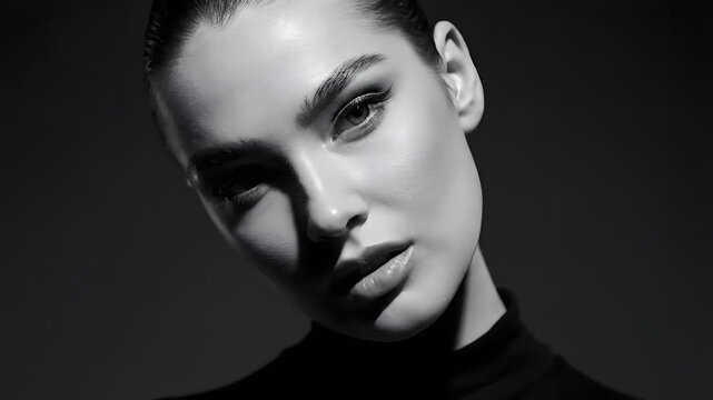 Close-up portrait of a young woman with a introspective mindset and self awareness, looking down with a thoughtful expression against a