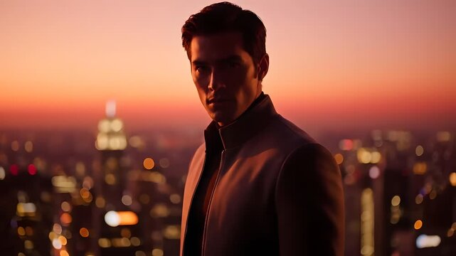 A man in a suit stands confidently on a rooftop with a cityscape and sunset in the background, conveying a sense of self awareness and