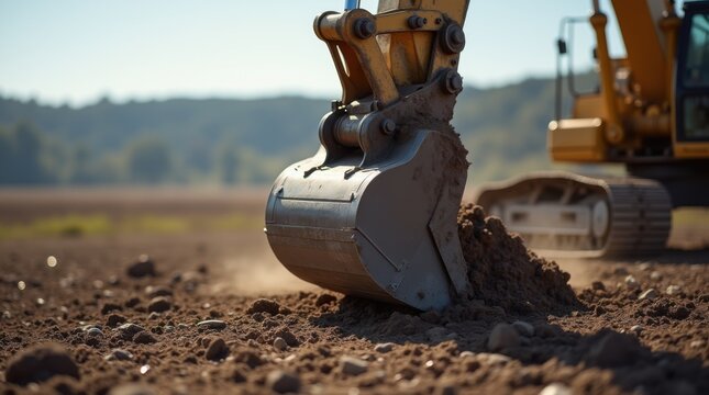 Heavy machinery excavator digging earth ground construction site industry project development earthworks land clearing heavy equipment powerful machine industrial machinery construction worker 