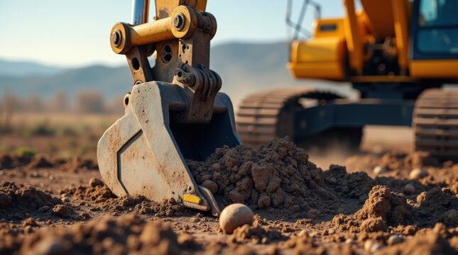 Heavy machinery excavator digging earth ground construction site industry project development earthworks land clearing heavy equipment powerful machine industrial machinery construction worker 