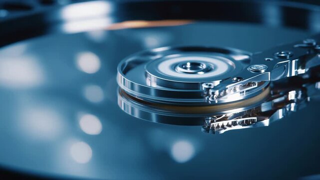4K Closeup of a hard disk drive platter and readwrite head, showing data storage technology and digital information video
