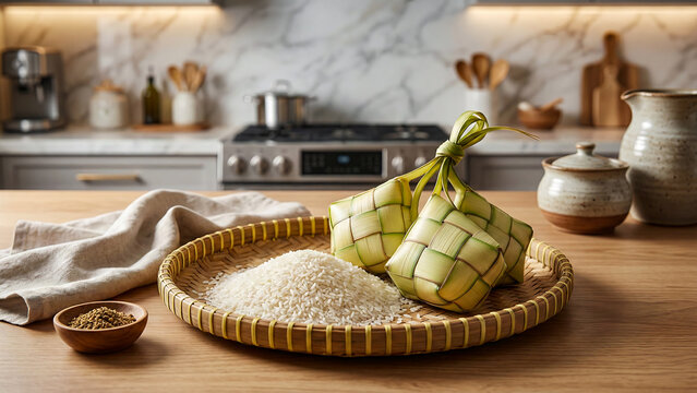 Festive ketupat composition on wooden background for Ramadan and Hari Raya greetings. High-quality image for social media ads, posters, and greeting cards.