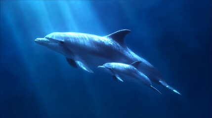 Fototapeta premium A stunning underwater scene featuring a dolphin and its calf swimming gracefully. The vibrant blue colors add depth and beauty. Perfect for marine life enthusiasts. AI