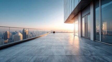 Naklejka premium Modern rooftop terrace with panoramic city skyline at sunrise