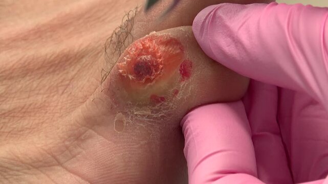 Close up of a podiatrist in pink gloves carefully removing dead skin from a patient's toe wound using scissors during a medical foot care procedure.

