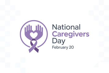 National Caregivers Day Graphic with Purple Heart Ribbon and Hands Icon for February 20 Healthcare Recognition and Medical Support Marketing