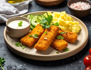 Fischst&auml;bchen mit Kartoffelp&uuml;re und Gurkensalat