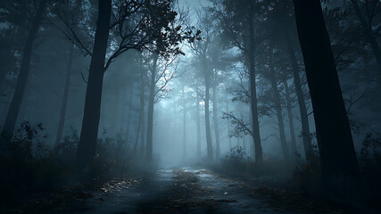 Obraz premium Eerie, misty forest path with tall trees and ethereal light filtering through dense fog.