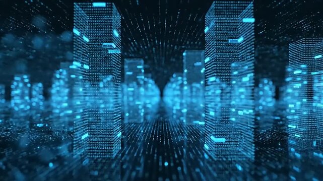 Futuristic Digital Cityscape Blue Neon Lights  Data Streams in Abstract Tech.