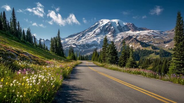 4K Scenic road leading to majestic mount rainier with wildflowers and evergreen forests on a sunny summer day video