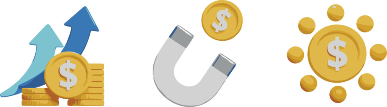 3D financial growth icon set featuring gold coins with rising arrows magnet attracting money and currency value symbols.