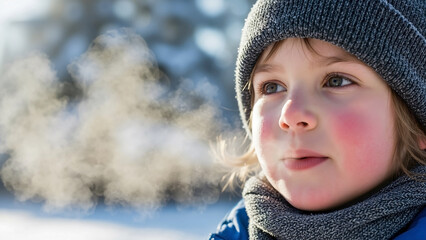 Young boy exhaling steam breath in cold air during winter outdoor adventure, red cheeks glowing, for season blogs, childhood exploration, and cold weather awareness.
