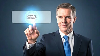 Businessman pointing at SEO button, a conceptual video of digital marketing.
