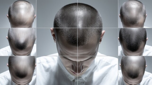 Hombre rapado con camisa blanca, vista cenital, Retrato monocrom&aacute;tico de hombre con pelo corto, Conceptual para marca de productos masculinos