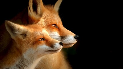 Obraz premium Two beautiful foxes sit side by side, gazing thoughtfully. Their vibrant fur shines under soft light. This image captures a serene moment in nature. The style is realistic and captivating. AI