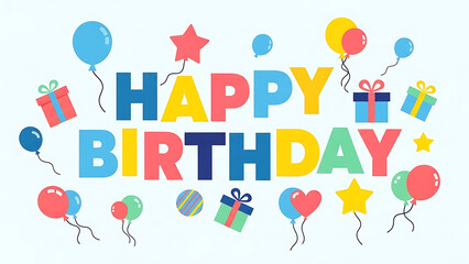 Happy birthday typography text poster design template with colorful balloons and stars on a background