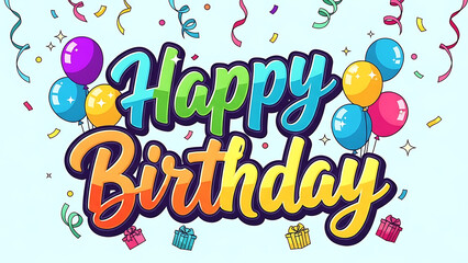 Obraz premium Happy birthday typography text poster design template with colorful balloons and confetti on a background