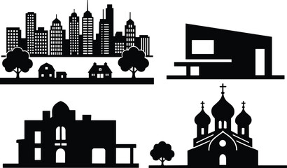 Fototapeta premium City skyline and building silhouette set, urban landscape with houses church and modern architecture, black and white vector illustration