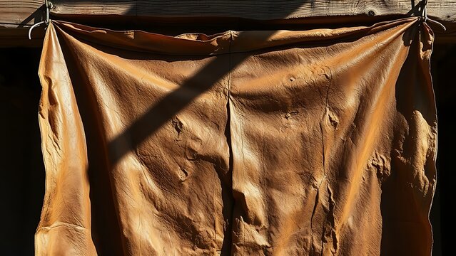 taut. Animal hide stretched on wooden frame, textured surface in sunlight. wildlife magazines, conservation campaigns, designed for eco-tourism storytelling and nature documentaries and education.
