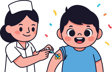 Happy boy receiving vaccination from nurse, child immunization celebration concept, pediatric healthcare, medical safety, colorful flat cartoon illustration